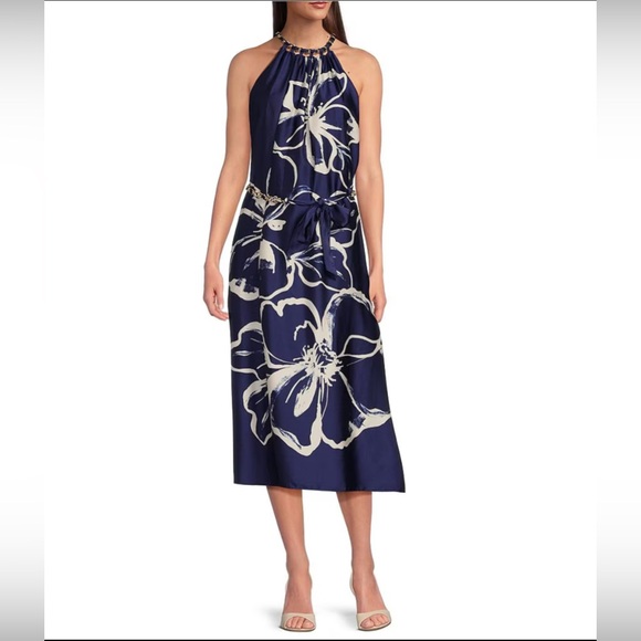 Maggy London Navy and White Floral Midi Dress - Picture 1 of 4